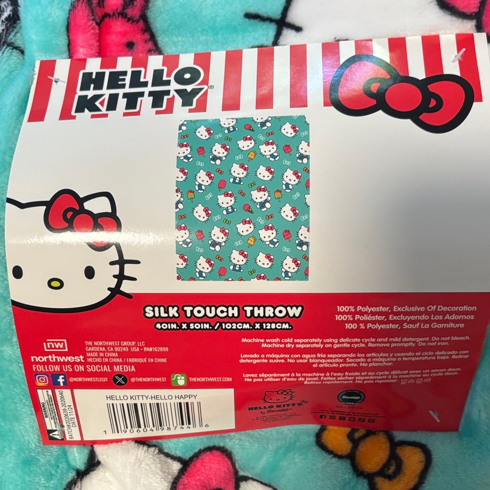 Hello Kitty Silk Touch Throw - Teal, Red, White
